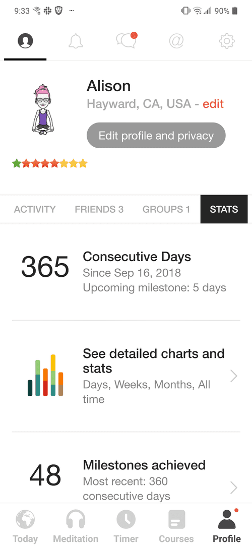 Screenshot showing 365 days of meditating